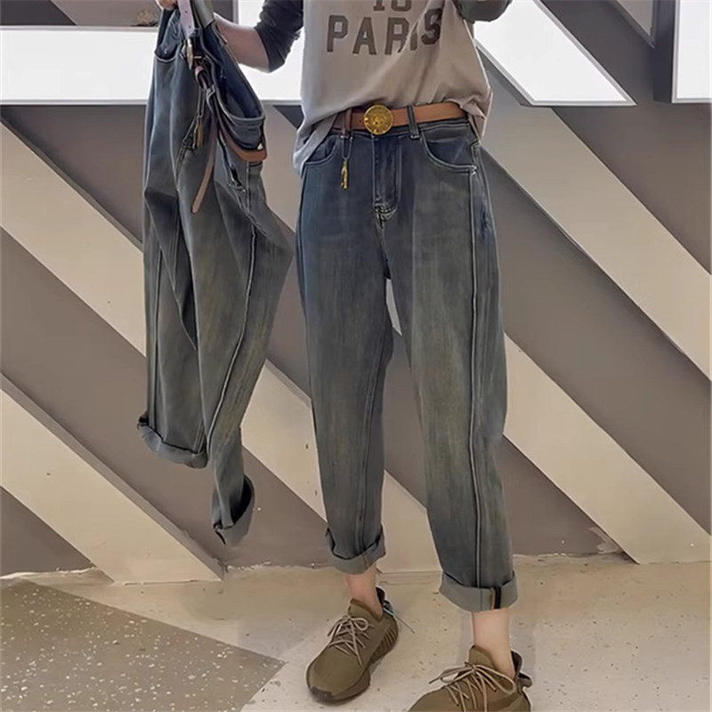 2025新款高腰弹力哈伦牛仔裤女夏季大码宽松显瘦九分烟管裤老爹裤