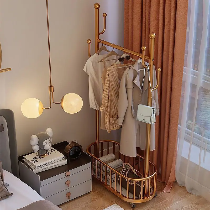 【热卖】挂衣服架子卧室网红落地衣架带轮可移动衣帽架家用高档落