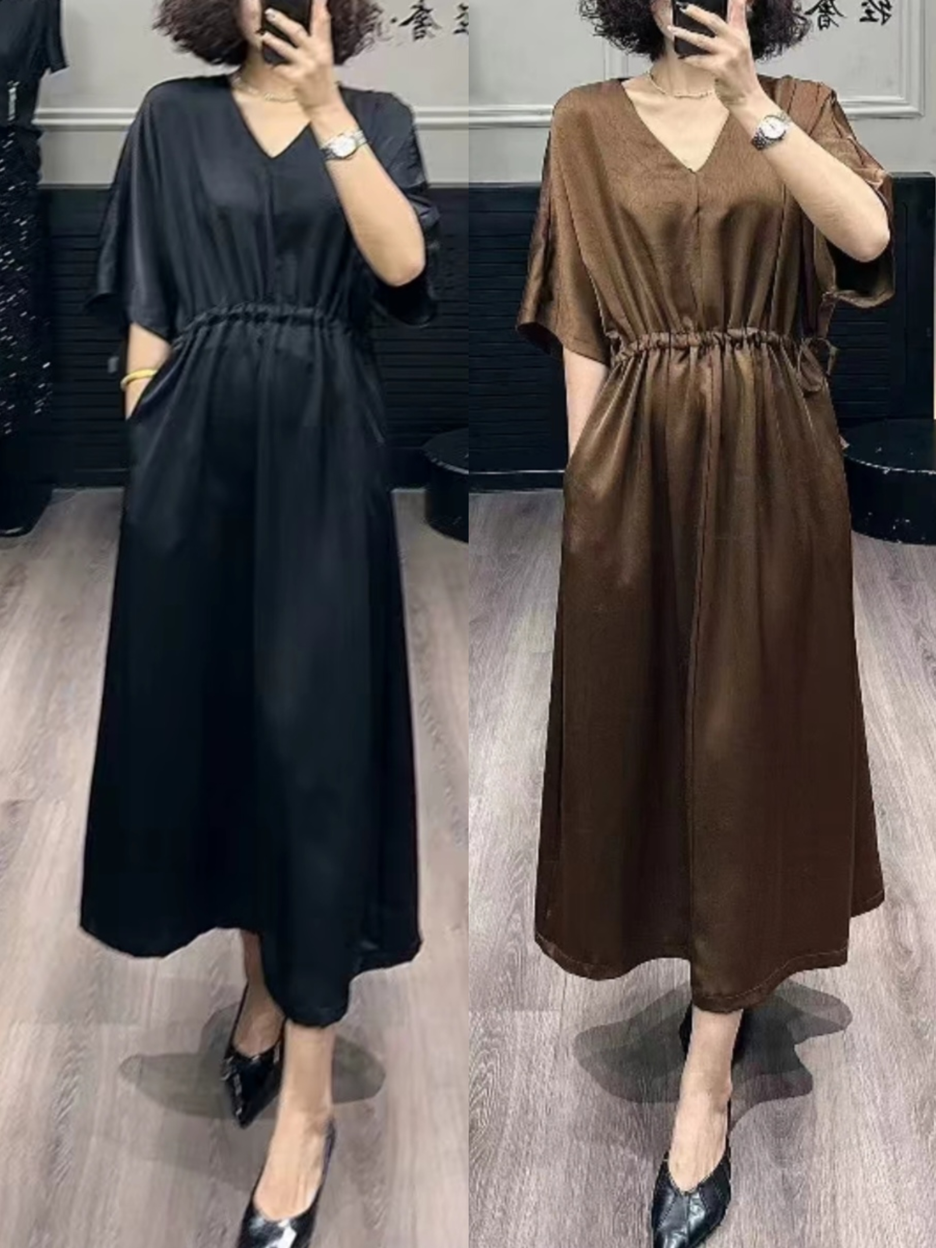 女森说莱赛尔天丝褶皱连衣裙夏季新款法式收腰女装显瘦连衣裙