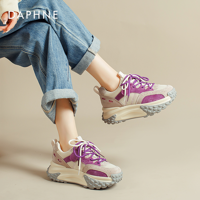 达芙妮真皮老爹鞋女2025新款夏季显脚小厚底松糕榴莲底拼色运动鞋