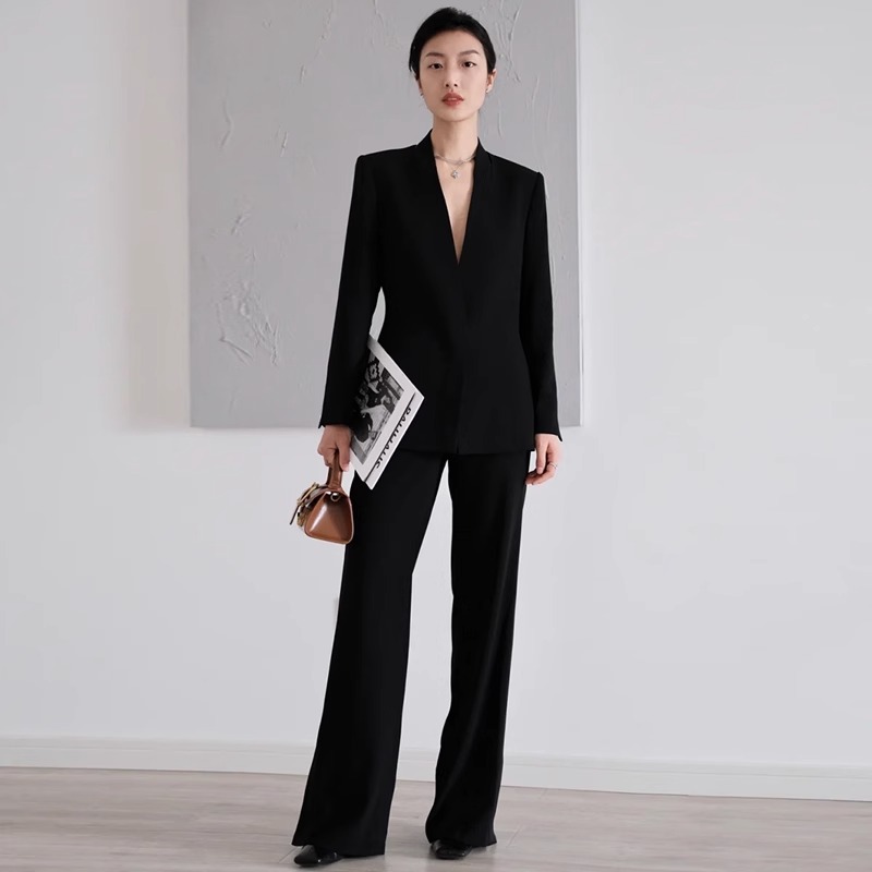 春秋V领干练气质高级感黑色西装套装女职业正装西服阔腿裤两件套