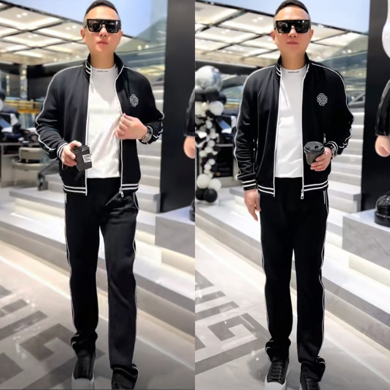 潮牌欧货立领拼接两件套男士春秋季时尚高级感长裤外套搭配一整套