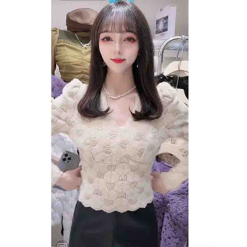 福利品冲量爱心印花蕾丝磨毛打底衫女春夏季新款洋气时尚时髦高级