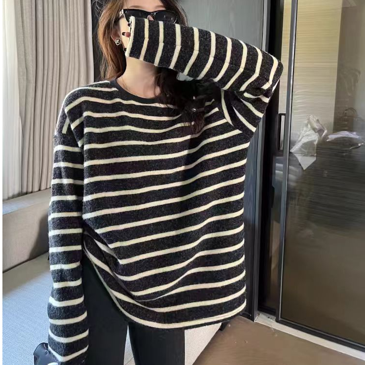 绒绒澳绒加厚慵懒宽松显瘦衣服条纹打底衫女款2025冬季新款洋气
