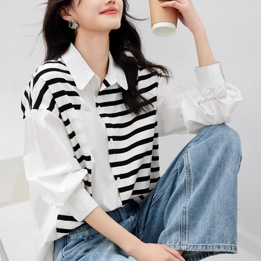 2025新款衬衫女黑白撞色条纹拼接宽松显瘦上衣通勤百搭叠穿衬衣