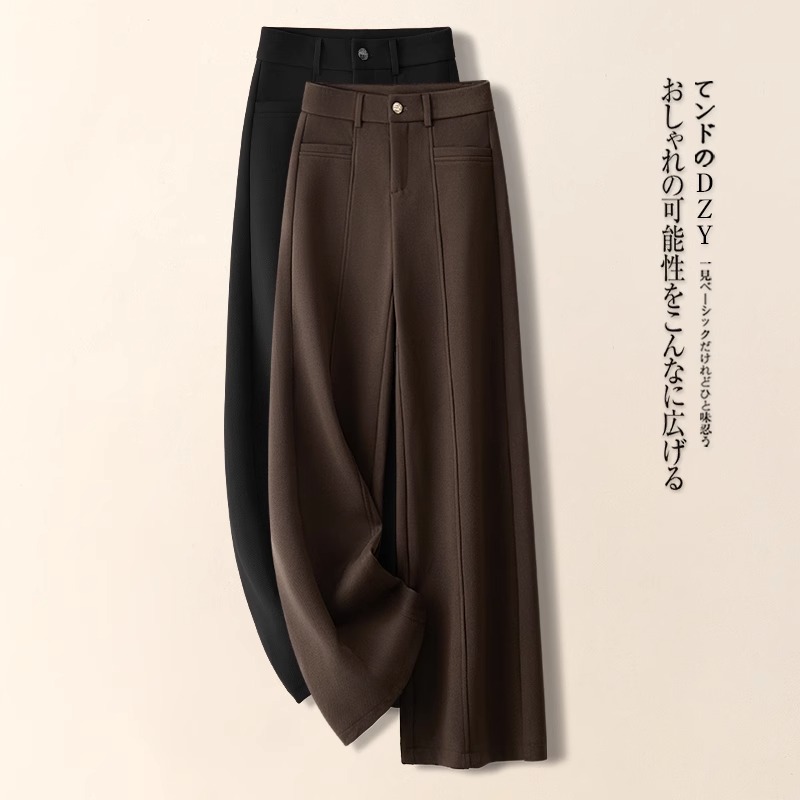 高级感咖色毛呢阔腿裤女春秋2025新款高腰垂感宽松显瘦拖地直筒裤