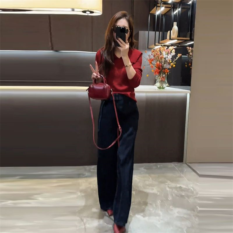 纯色针织衫牛仔裤套装女2025秋季新款设计感洋气今年流行两件套潮