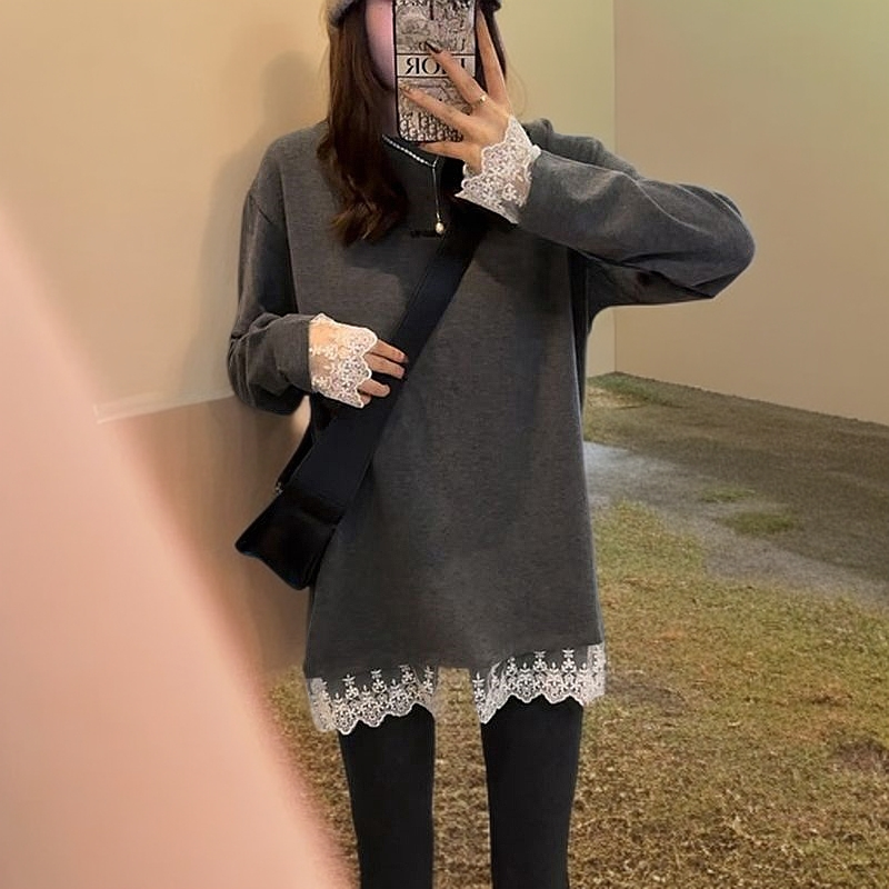 韩系通勤百搭宽松显瘦上衣女2025秋季新款纯色蕾丝拼接假两件T恤