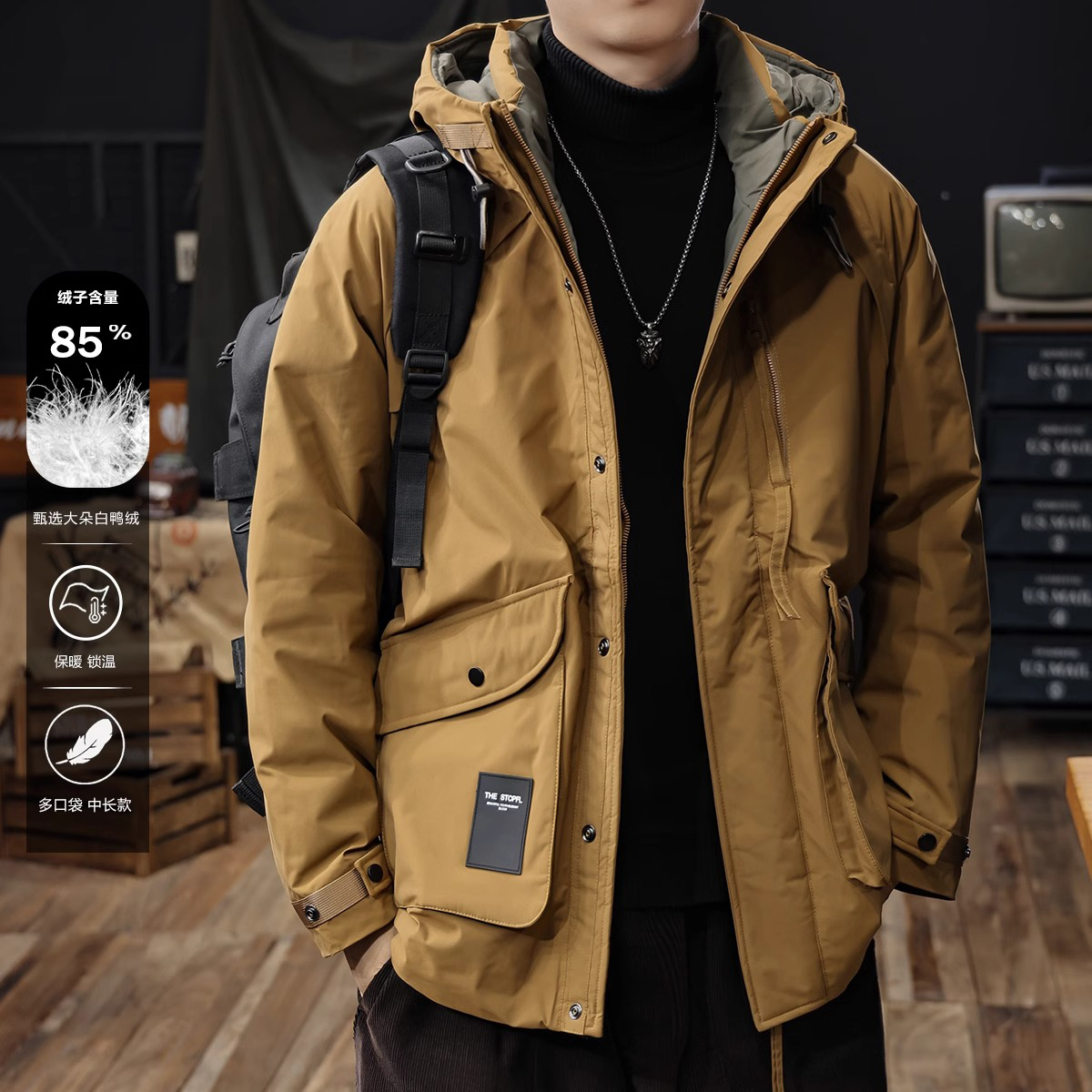 冬季羽绒服男潮牌大码派克服男士防风工装冲锋衣美式保暖休闲外套
