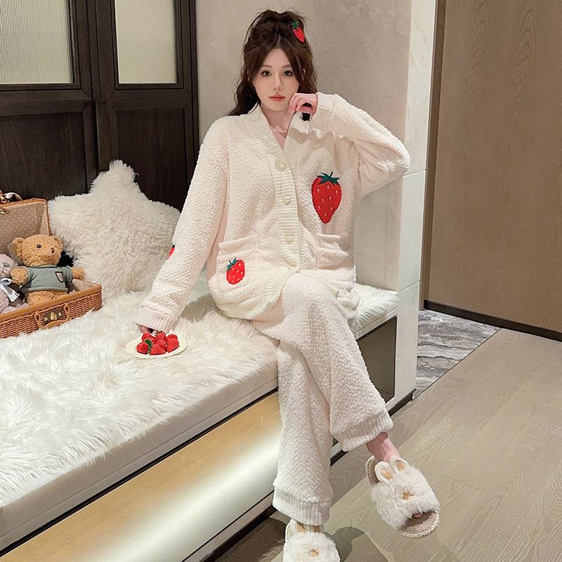 冬天半边绒睡衣女秋冬加绒加厚套装长袖长裤女士珊瑚绒家居服新款