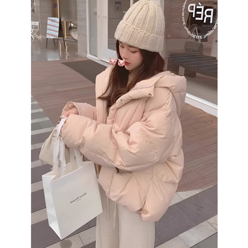 粉色短款连帽羽绒服女冬季新款韩版小个子宽松保暖面包服棉衣外套