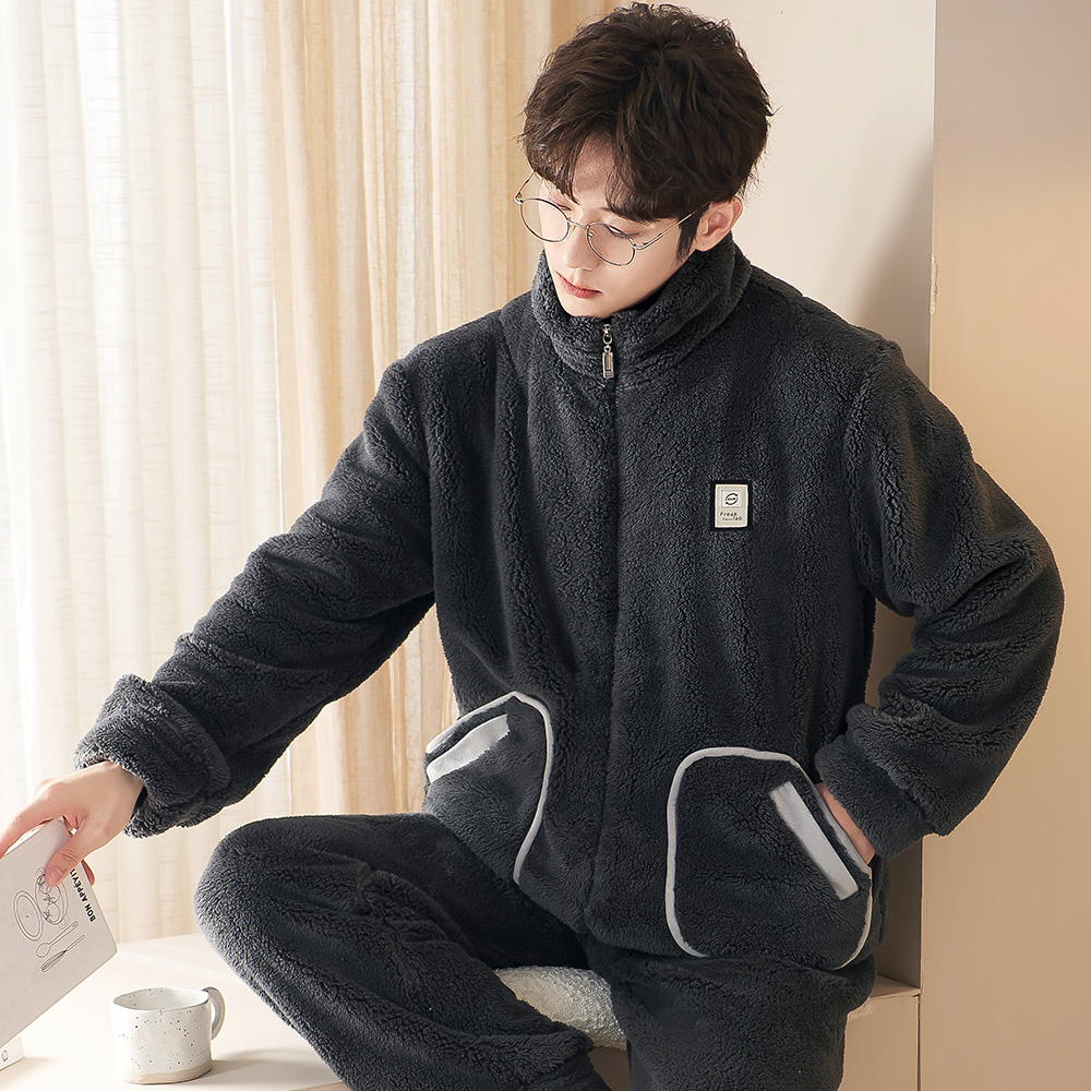 睡衣男秋冬加厚加绒法兰绒套装珊瑚绒家居服男士睡衣冬款加厚加绒