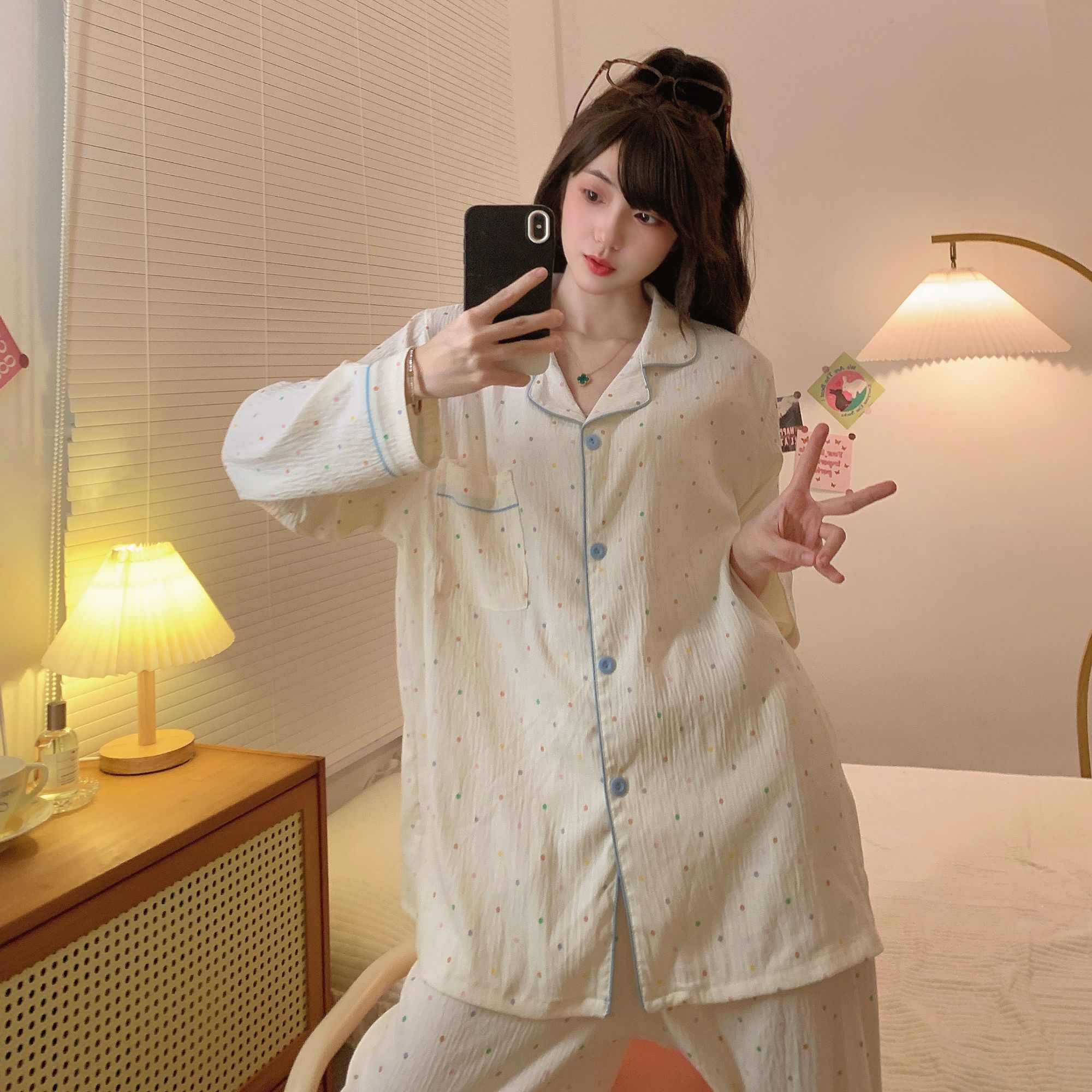 大码睡衣女春秋季云朵棉甜美舒适可外穿长袖长裤学生家居服套装