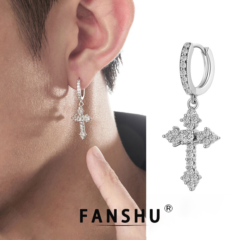 合金锆石耳饰 美式嘻哈十字架耳坠时尚男生耳钉个性满钻耳夹潮流