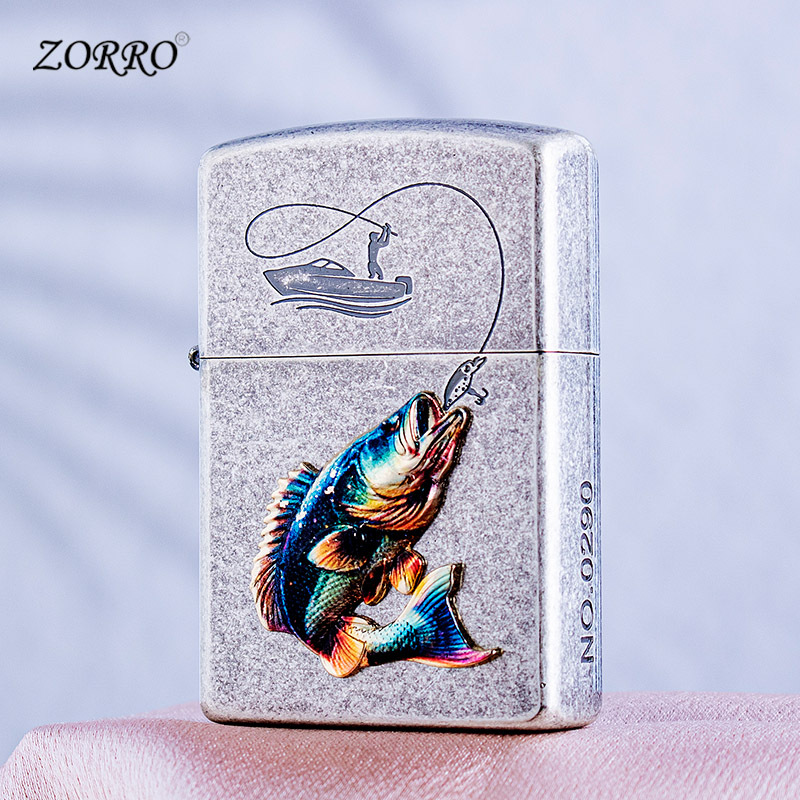 ZORRO佐罗贴章垂钓古银煤油打火机复古经典创意男士高档打火机