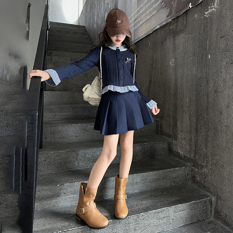 女童春秋套装2025春季新款半身裙两件套洋气针织外套学院风套装潮