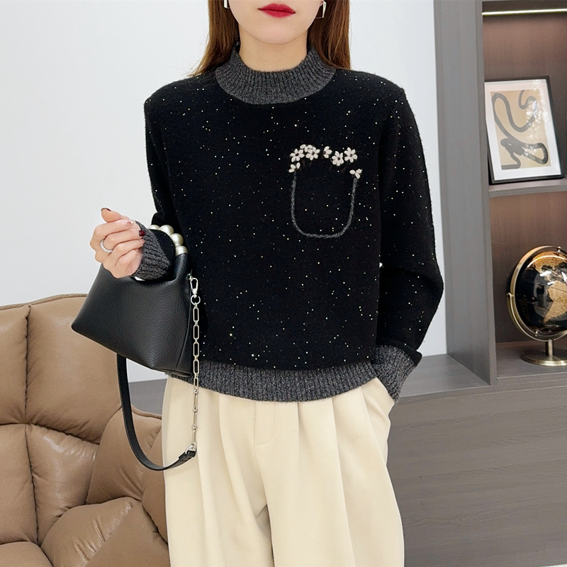 亮片刺绣！宽松圆领秋冬打底针织衫套头毛衣绵羊毛衫2235