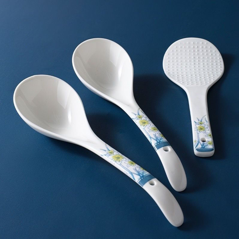 【2大汤勺+1饭勺】水仙花陶瓷汤勺盛汤匙长柄汤粥勺饭勺铲勺家用