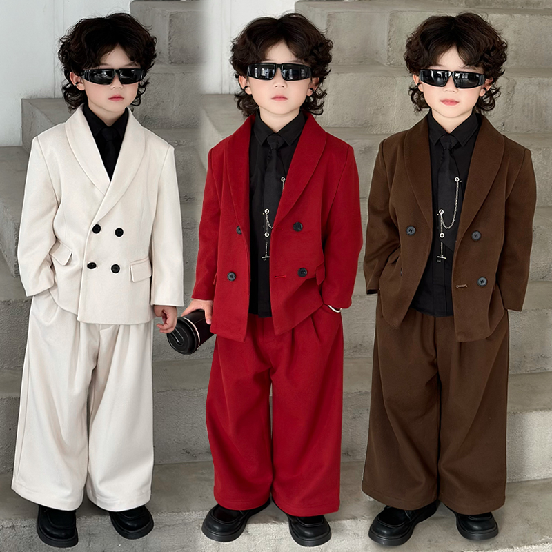 呢子男童西装套装秋季新款儿童休闲小西服痞帅男孩模特走秀演出服