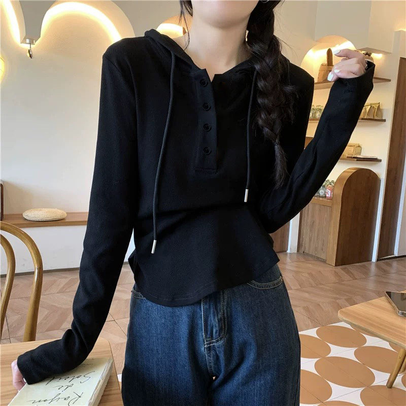 樊范儿简约纯色连帽长袖T恤秋季2024新款女装显瘦休闲上衣-24581