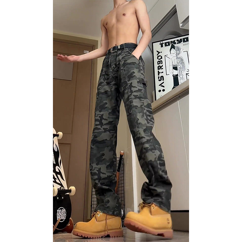 美式复古迷彩牛仔裤男秋冬加绒直筒休闲男生显高显瘦窄版工装长裤
