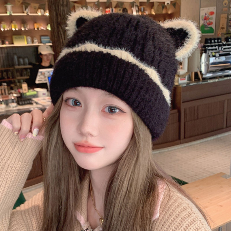 可爱小熊耳朵帽子女秋冬新款日系保暖防寒帽冬季大头围针织毛线帽