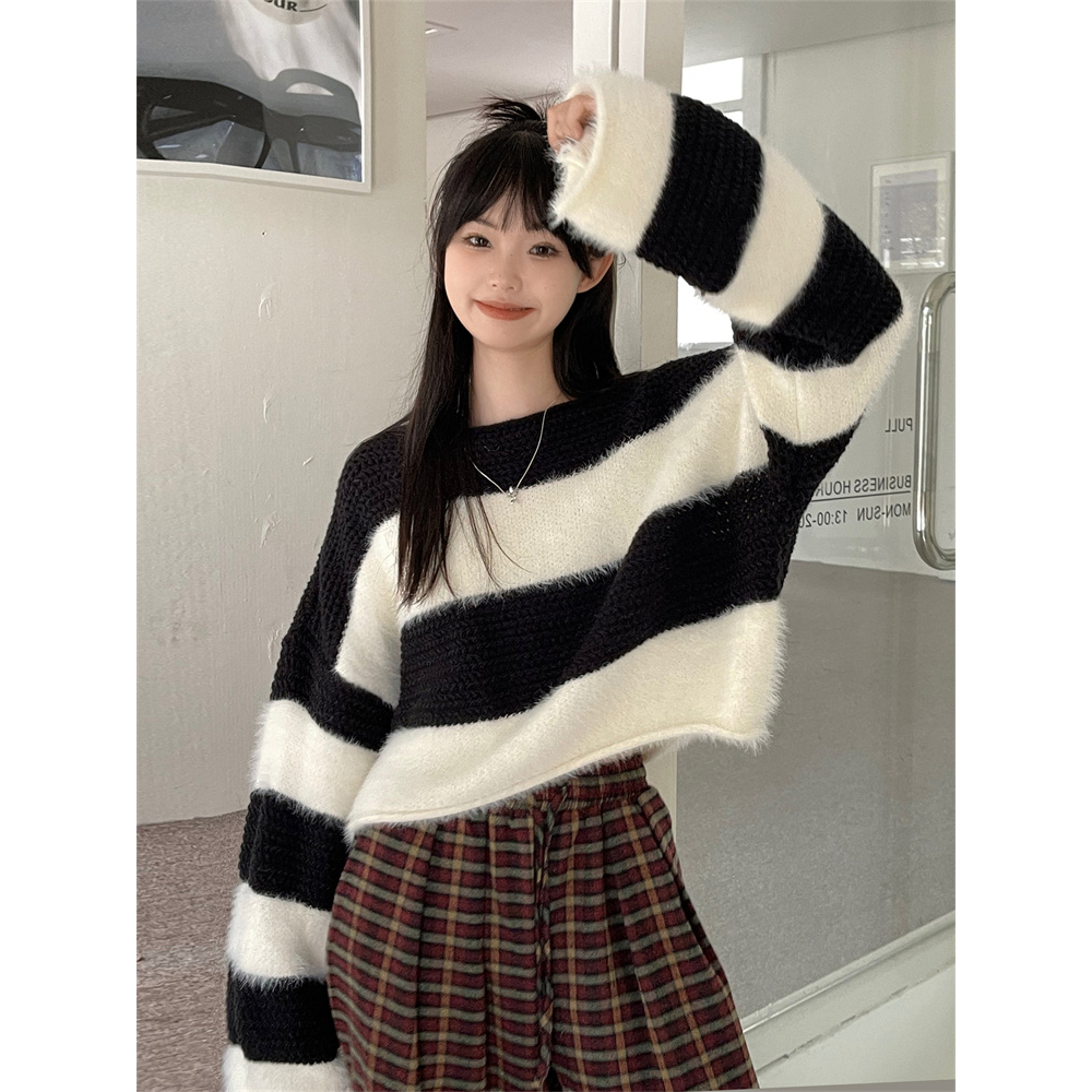慵懒风条纹长袖女士秋冬爆款毛衣复古宽松女短款针织衫上衣撞色