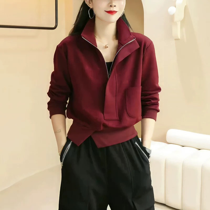 安可拉红立领半拉链卫衣女2025春季新款韩版宽松百搭短款开衫外套