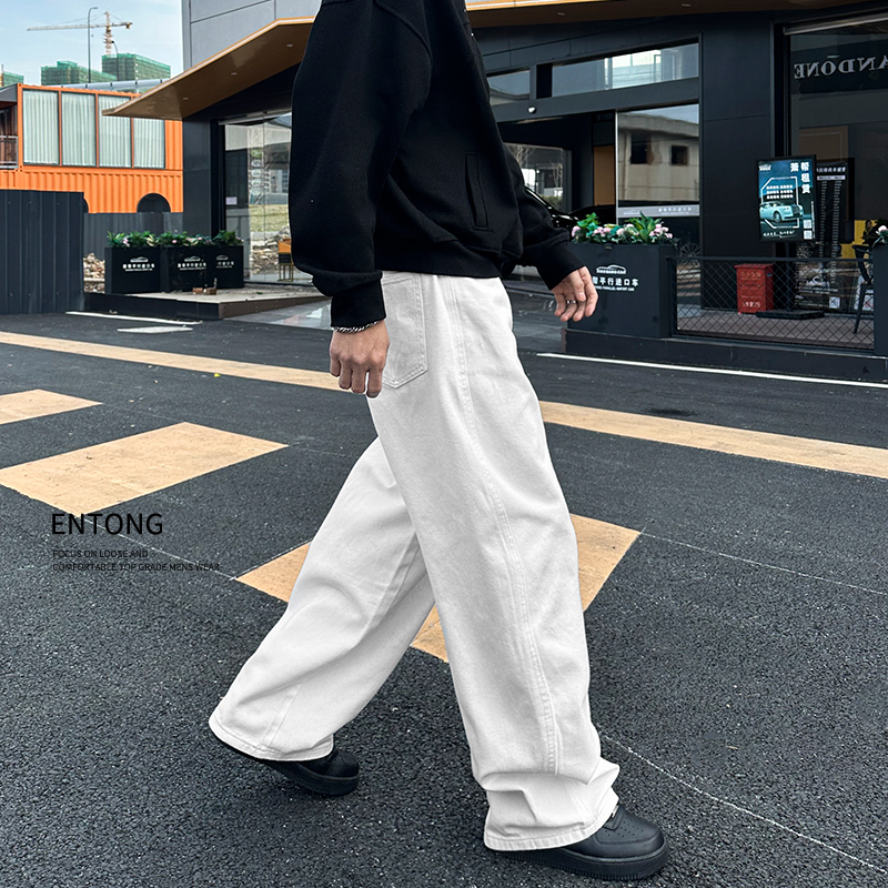 cleanfit垂感白色直筒牛仔裤男美式复古水洗宽松休闲阔腿拖地长裤