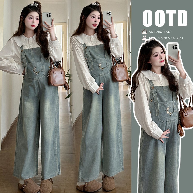 2025秋季新款孕妇装版型针织打底衫+牛仔背带裤减龄宽松