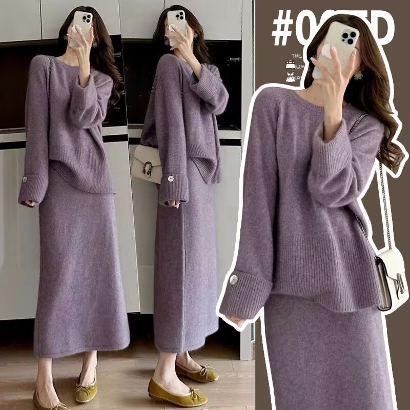 2026年秋冬新款慵懒风圆领套头毛衣+可调节孕妇半身裙针织洋气