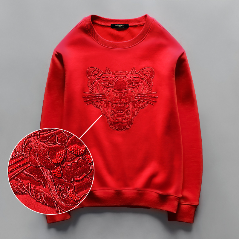 刺绣老虎头秋冬男装卫衣男士红色本命年加绒青年国潮套头喜庆上衣