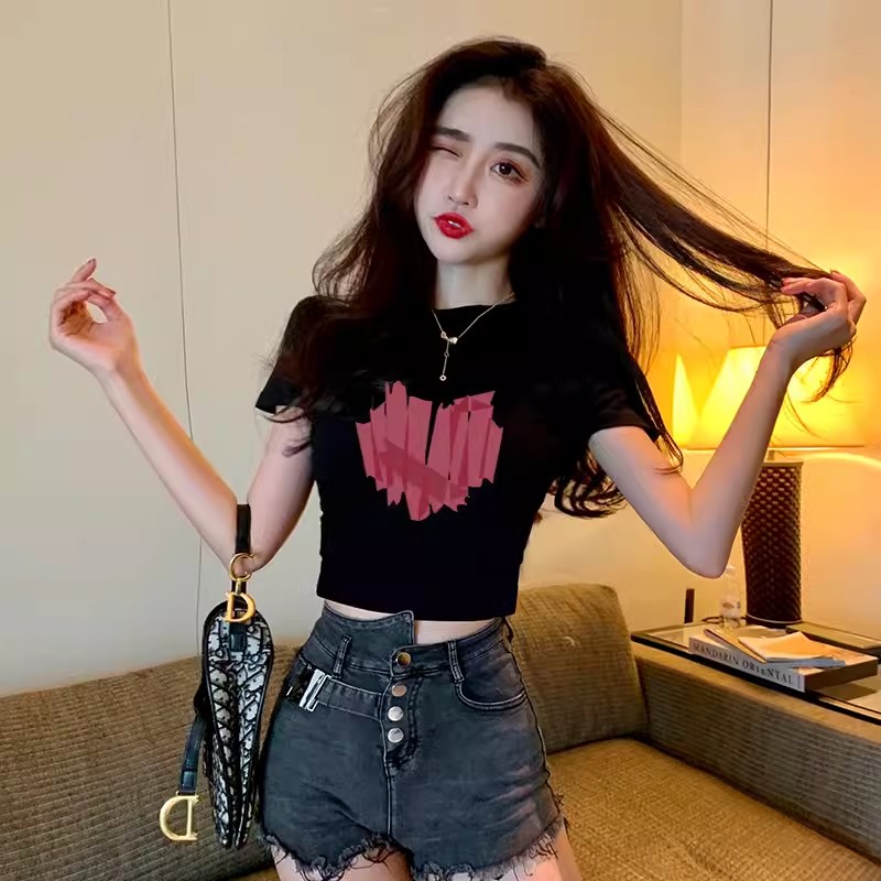 黑色短袖女t恤短款高腰露脐夏季纯棉修身印花辣妹上衣ins设计感潮