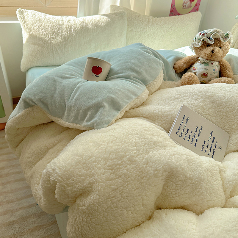 纯色羊羔牛奶绒四件套冬季加绒被套珊瑚法兰绒床单床上用品三件套