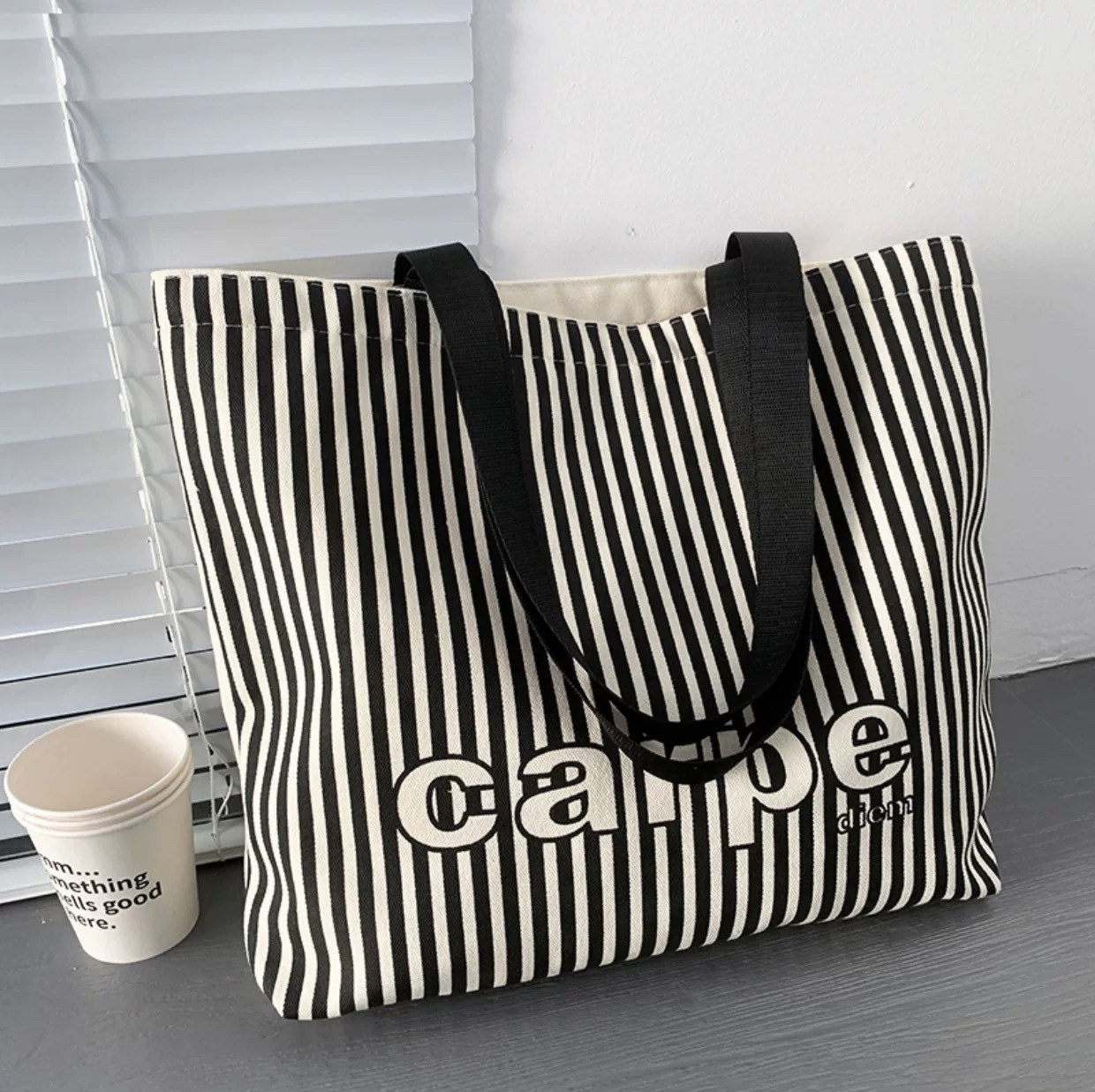 高颜值条纹大容量单肩帆布包学生手提环保袋男女休闲包简约ins