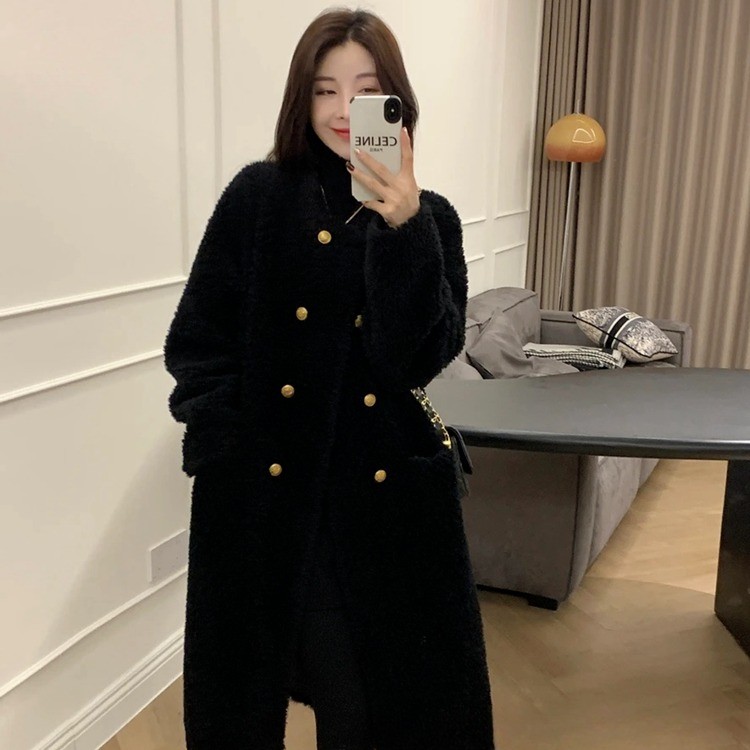 冬季新款简约宽松软糯毛毛外套中长款双排扣超好看毛呢外套#24004