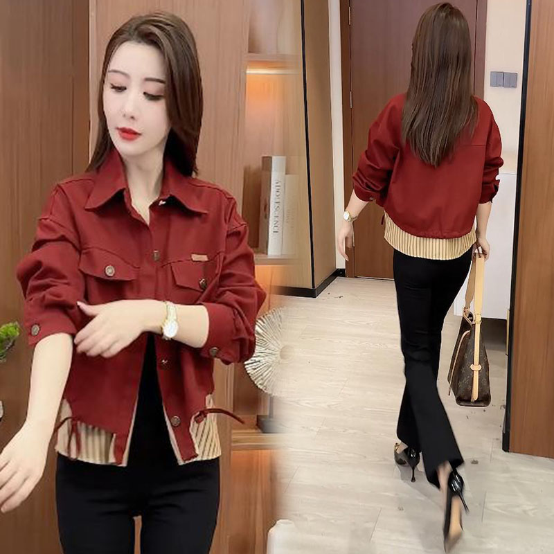 纯棉小个子时尚假两件短外套女2025秋季新款洋气宽松百搭夹克上衣