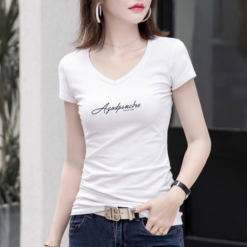 2025夏季新款白色短袖T恤女修身V领上衣女多图案随心选百搭打底衫