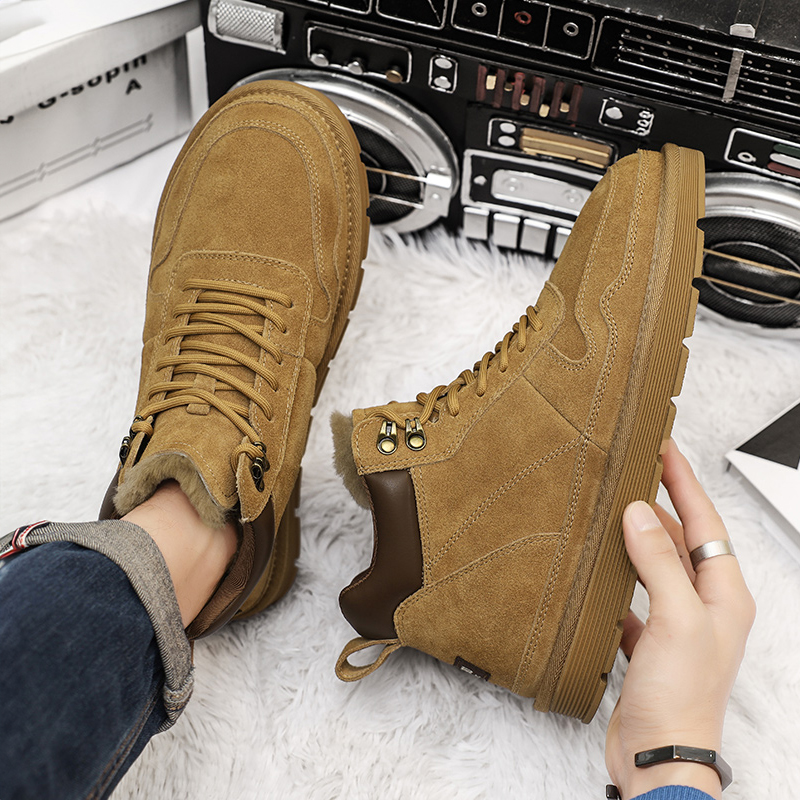 冬季加绒加厚保暖真皮高帮雪地靴中帮马丁靴男鞋子棉鞋棉靴男靴子