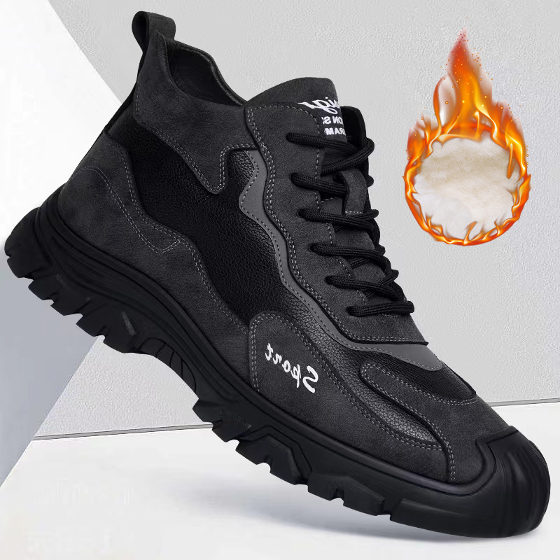新款男鞋2025冬季百搭男士休闲鞋皮面加绒保暖时尚潮流男运动鞋