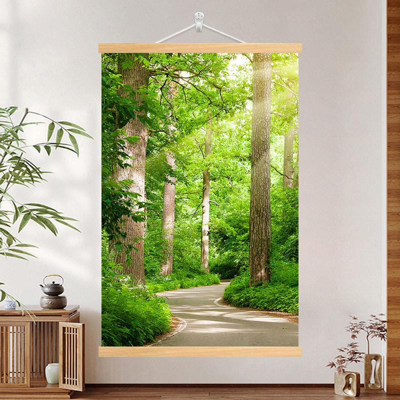 大自然风景竖版卷轴挂画森林草原大海沙滩壁画玄关入户背景墙布画