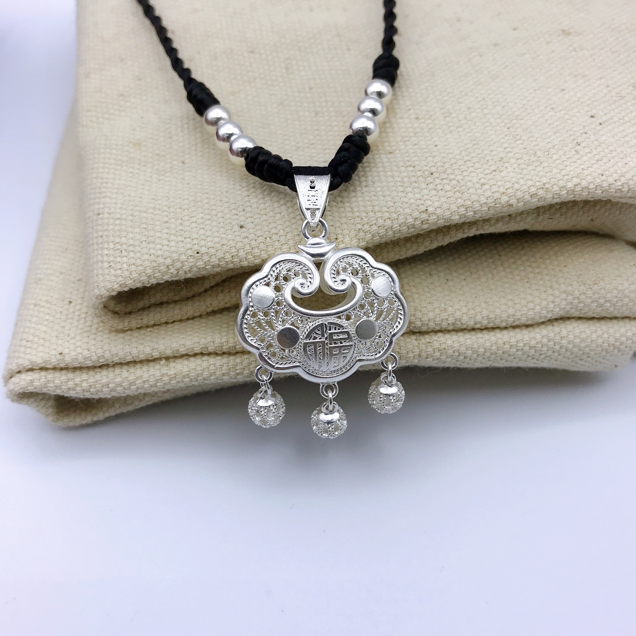 坠链均足银 福锁平安锁足银纯银镂空吊坠项链大人儿童锁牌挂坠