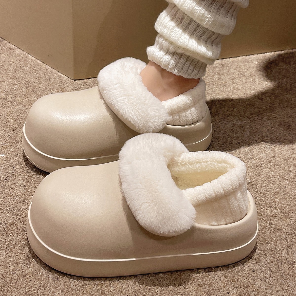 丝蒙妮6CM厚底矮子乐防水可拆洗棉拖鞋冬天防滑外穿保暖居家女款