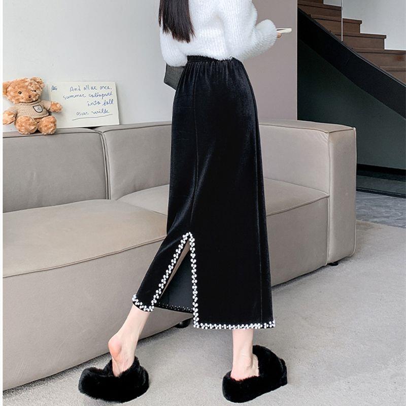 丝绒钉珠半身裙女加绒高腰显瘦后开叉一步裙复古过年包臀裙短裙