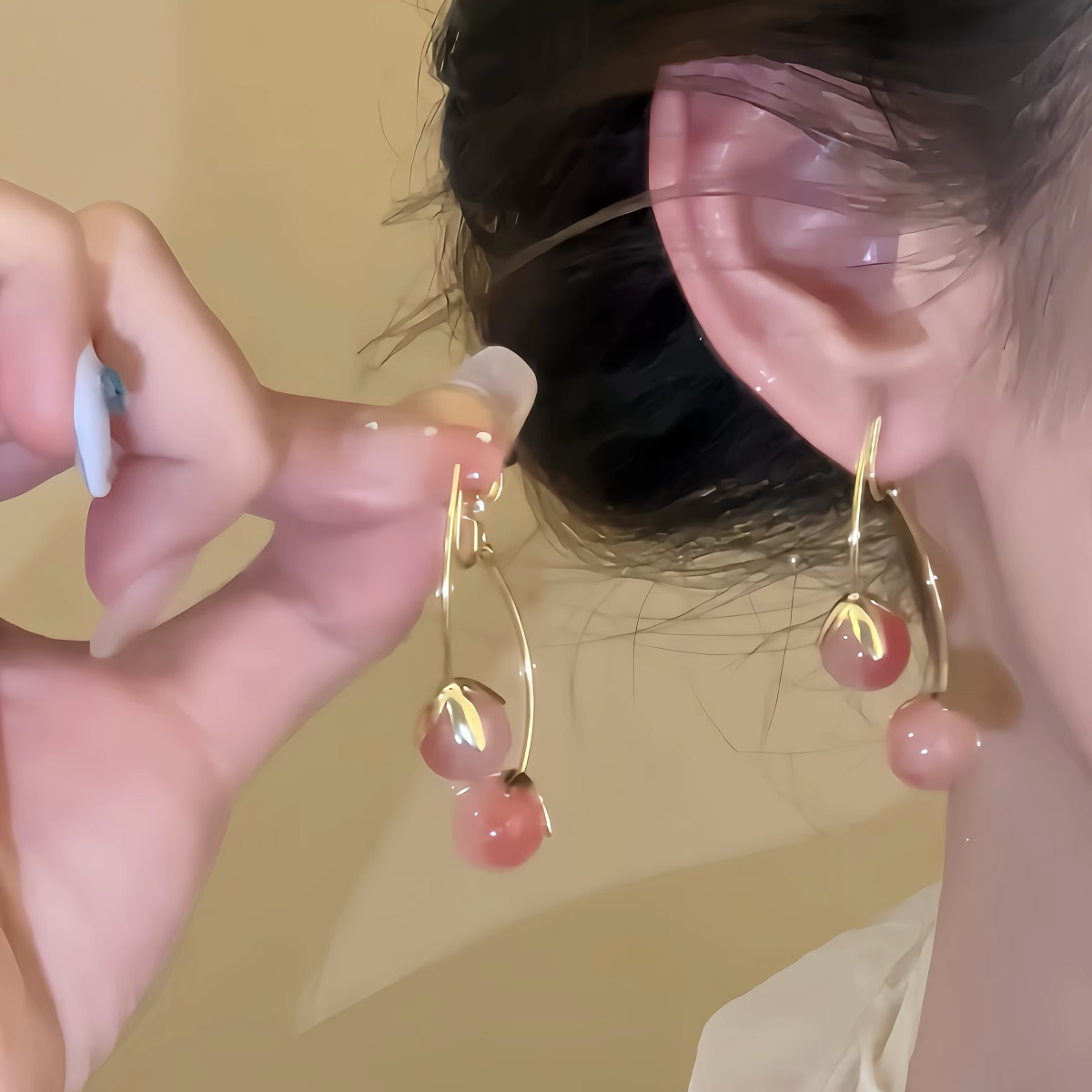 铜合金耳饰 小众少女粉色樱桃耳钉耳环无耳洞耳夹女可爱气质耳饰