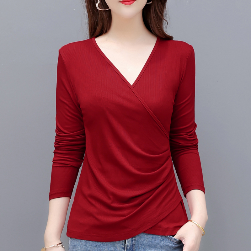 春夏不规则t恤女春秋款大码遮肚显瘦打底衫v领洋气长袖薄款上衣秋