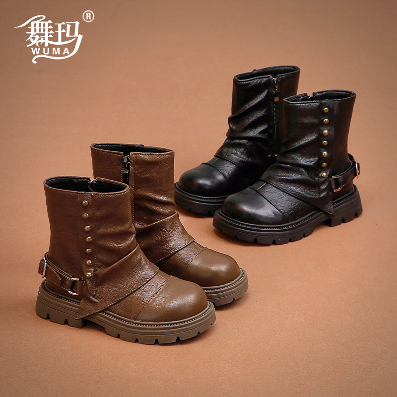 舞玛女童单靴儿童马丁靴2025新款冬季女孩单靴宝宝加绒棉鞋446600