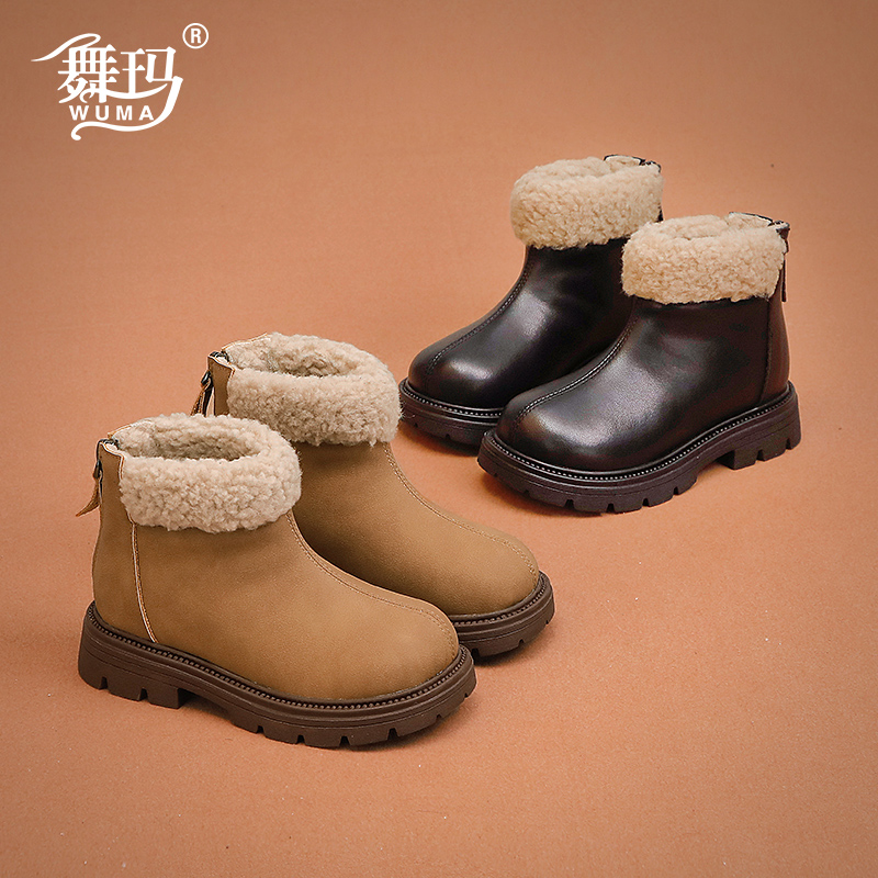 女童靴子儿童真皮短靴2024新款冬季女孩软底宝宝防滑二棉鞋446559