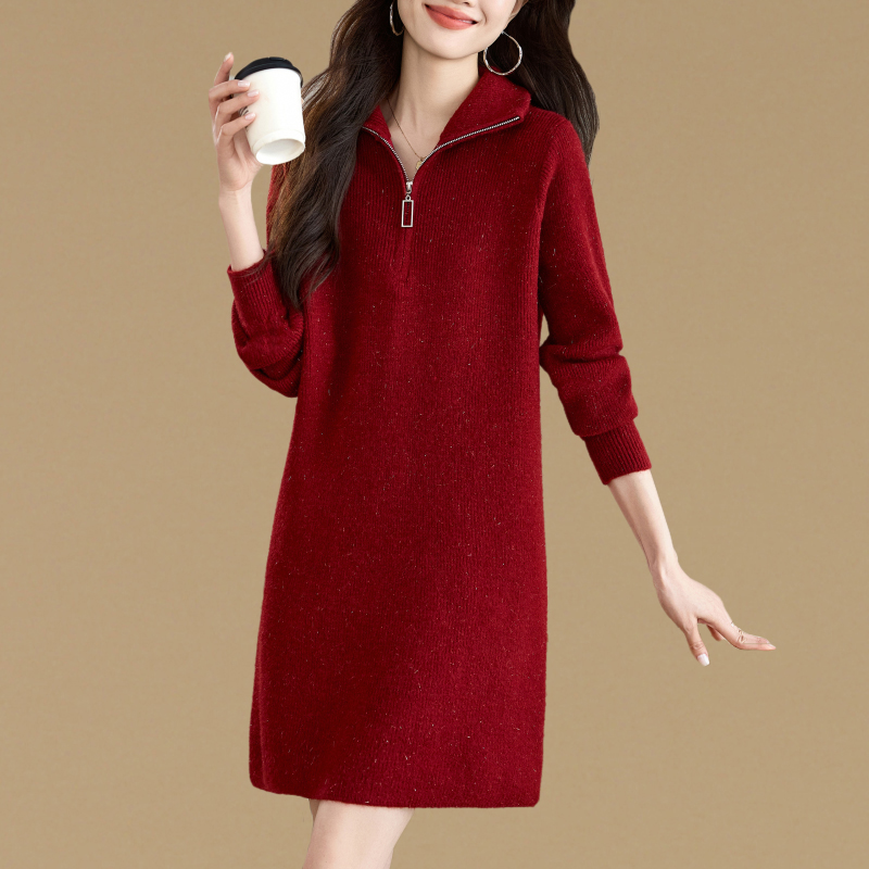 高级感气质半拉链亮丝中长款毛衣女秋冬宽松休闲针织打底连衣裙厚