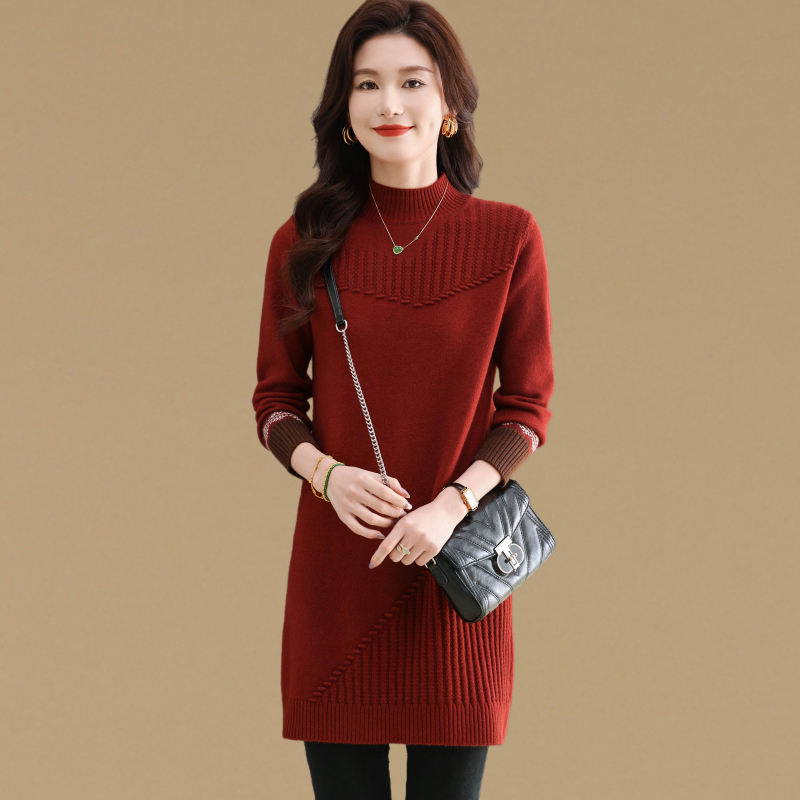 高级感气质大码中长款毛衣女秋冬半高领针织连衣裙加厚内搭打底衫